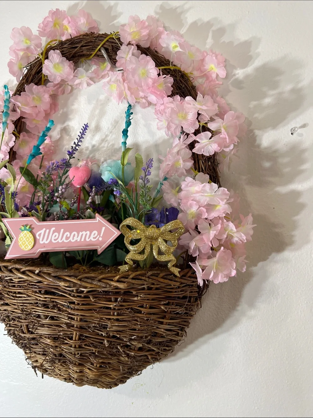 Pink Blossom Welcome Hanging Basket - Faux Floral Spring Accent